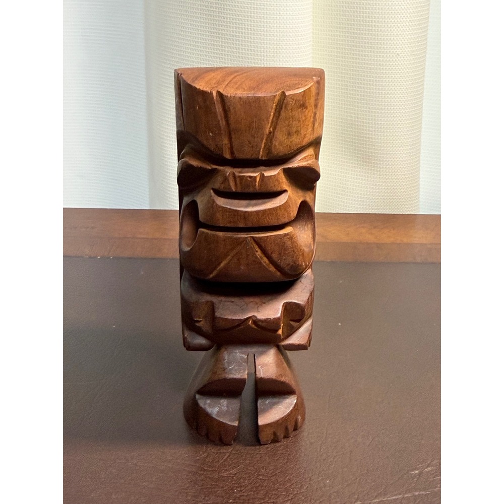 Vintage Hand Carved Milo Wood Tiki God Ku Statue Made in Hawaii 6 inches